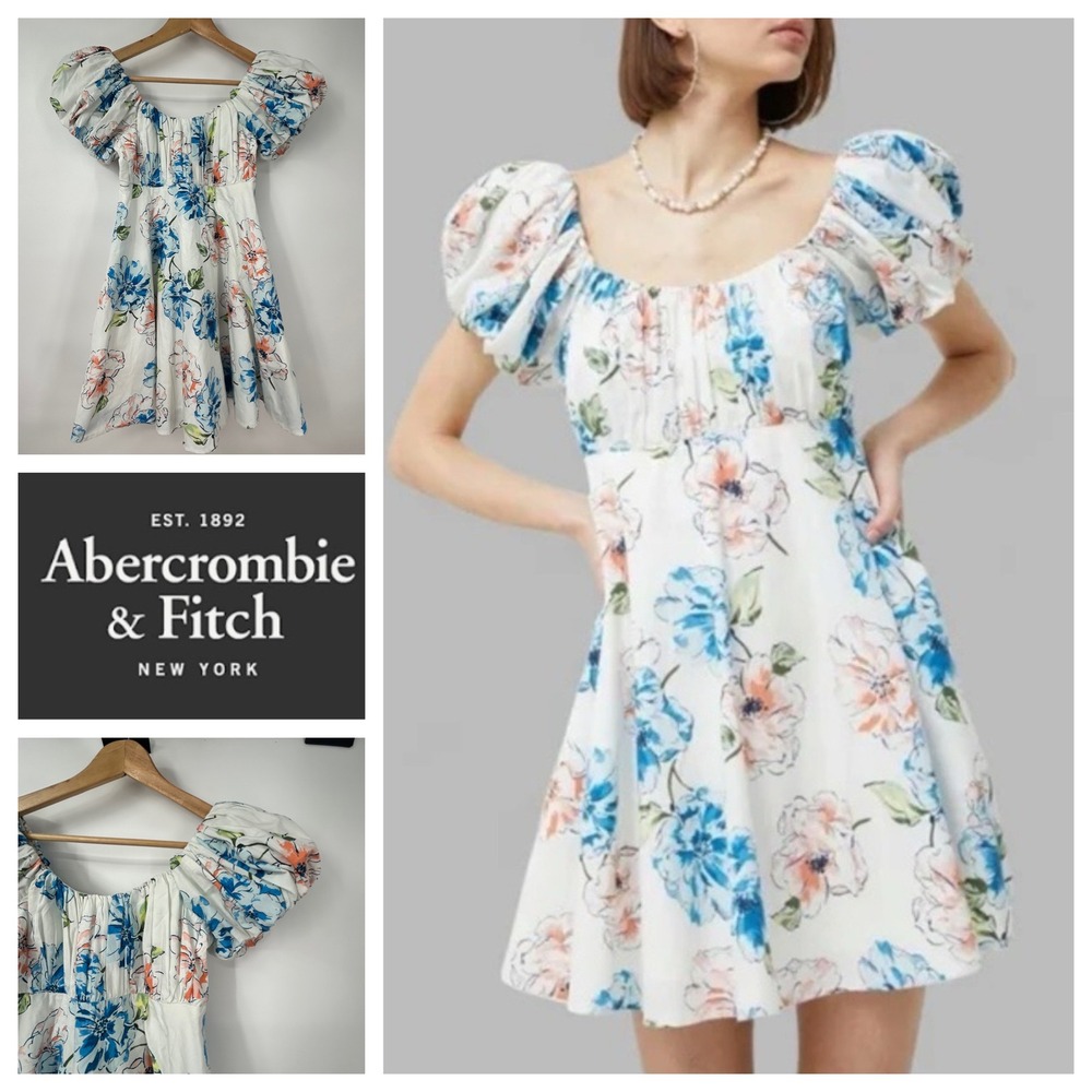 Abercrombie & Fitch Floral Puff Sleeve Mini Dress White Blue Pink‎ XSP Petite